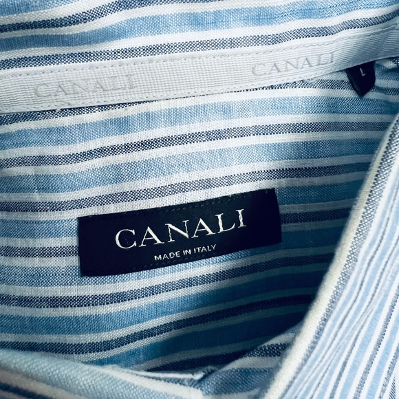 Canali Blue, White & Navy Stripe Linen Shirt L - Picture 3 of 5
